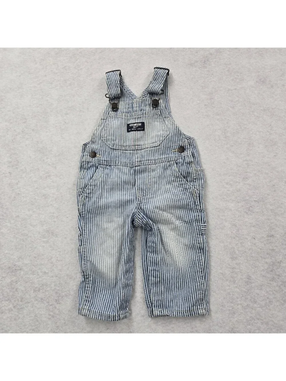 Oshkosh Bgosh Blue Striped Denim Bib Overalls Sz 6 Month Train Conductor EUC
